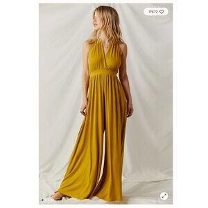 Free‎ People Beach Dani Open Back Chartreuse Halter Wide Leg Jumpsuit Boho M